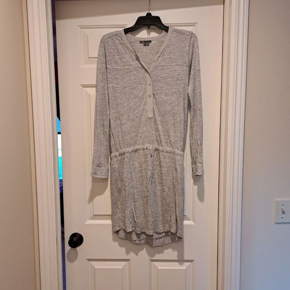 Vince Women’s Button Up Shirt Dress 100% Linen Roll Sleeves Tie Waist Gray S